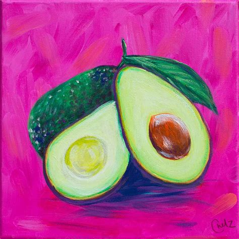 an acrylic painting of two avocados on a pink background
