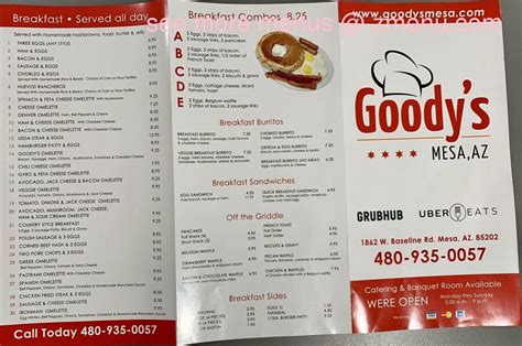 Menu at Goody's restaurant, Mesa