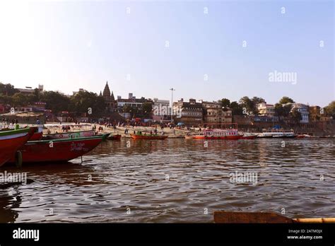 Long view of popular Assi Ghat with several pilgrims, that stands at ...