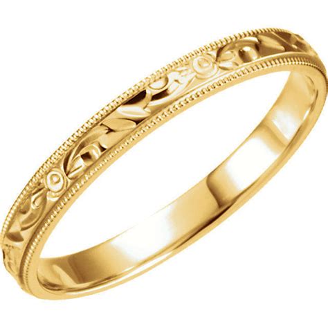 Women's 14k Gold 3mm Vintage Hand Engraved Stackable Wedding Band Ring - Bands without Stones