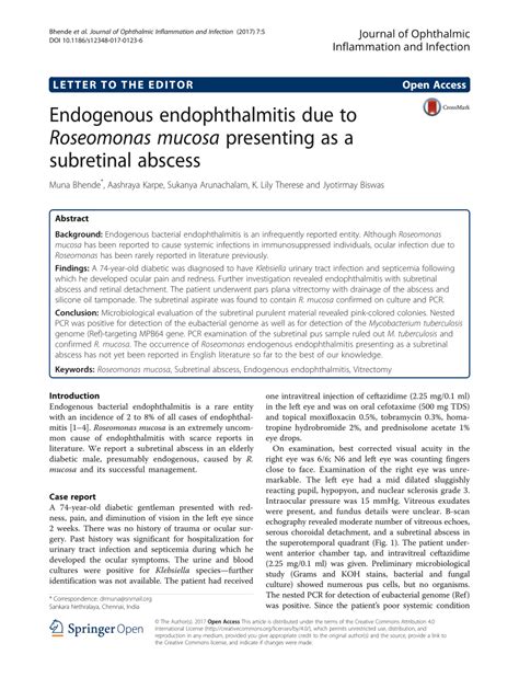 (PDF) Endogenous endophthalmitis due to Roseomonas mucosa presenting as a subretinal abscess