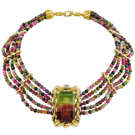 Pink and Green Tourmaline and Diamond Bead Necklace - Kaufmann de Suisse Diamond Jewelery Palm ...