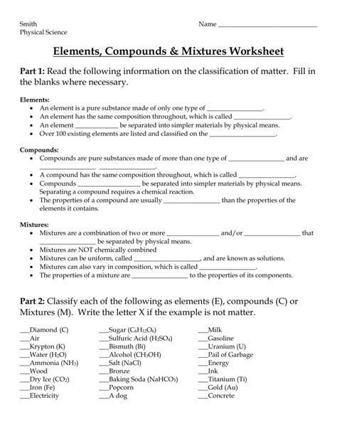 Mixture Compound Element Worksheet