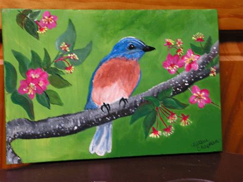 Acrylic birds and flower Paintings | Original Acrylic Painting "Tru-ly"on Wood Bluebird Bird ...