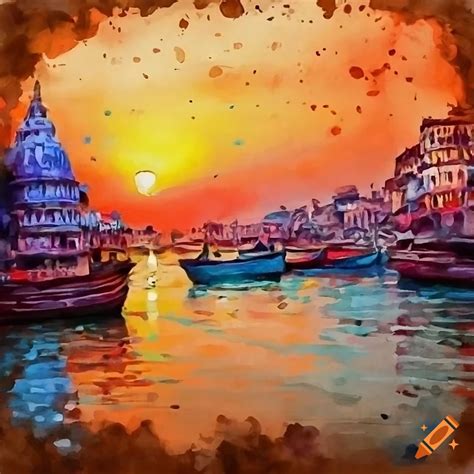 Vintage canvas painting of varanasi ghats