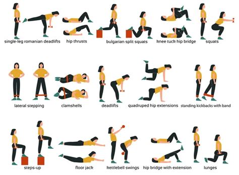 Set of glute exercises and workouts. Flat vector illustration. Glute exercises with titles or ...