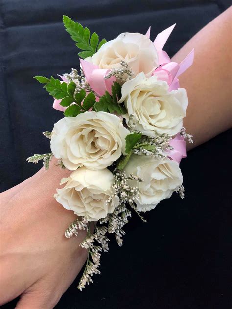 Wrist Corsage (White Flowers & Pink Ribbon) in San Jose, CA | Bee's Flowers