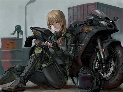 Anime Girl, Smiling, Bodysuit, Motorcycle, Blonde, Armored | Anime ...