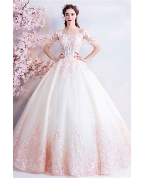 Dreamy Princess White And Pink Ball Gown Wedding Dress Off Shoulder ...