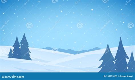 Cartoon Winter Snowy Mountains Flat Landscape with Pines and Hills. Blue Christmas Background ...