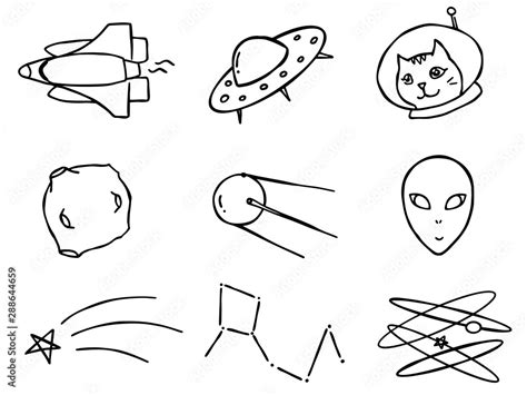 Space outline objects. Outline vector drawing. Funny cute hand drawn ...