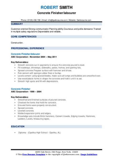 Concrete Finisher Resume Samples | QwikResume