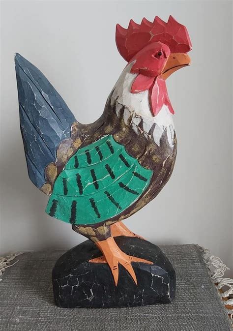 Large 19 Inch Vintage Hand-Carved Wooden Rooster Sculpture Primitive Chicken Folk Art Country ...