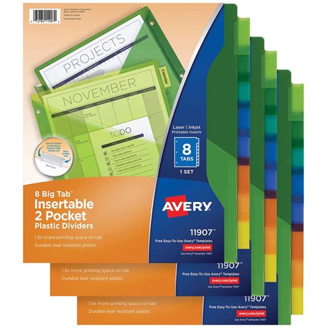 Avery 8-Tab Plastic Binder Dividers with Pockets, Insertable Multicolor Big | eBay