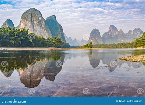 Sunrise View of Li River by Xingping. Stock Image - Image of surface, countryside: 126091073