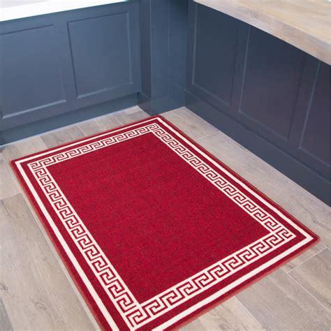 Red White Geometric Bordered Non Slip Washable Kitchen Utility Mat