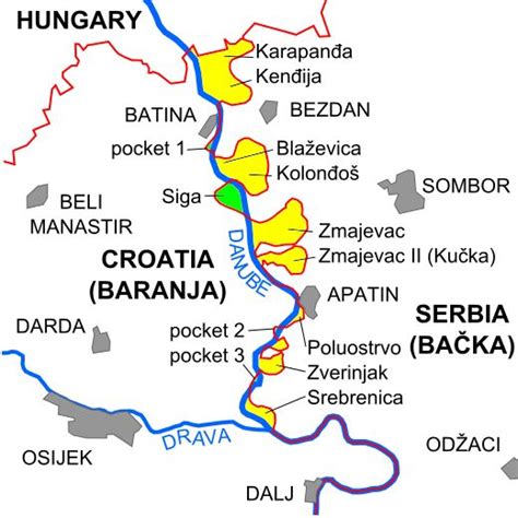 Map of the border disputes between Croatia and Serbia. The yellow ...