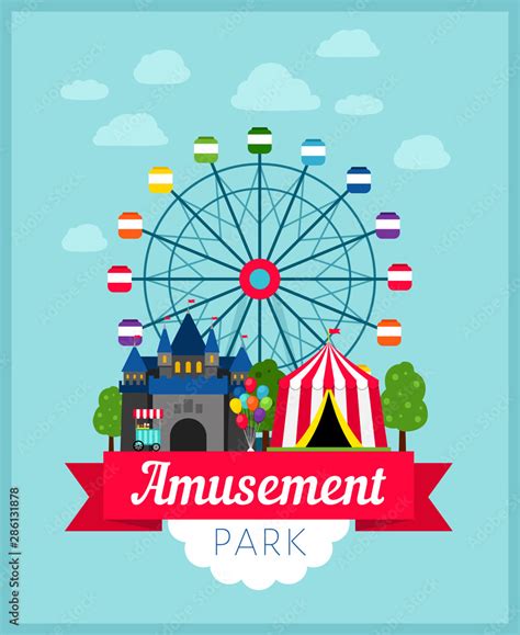 Amusement park poster. Children entertainment fun fair park background ...