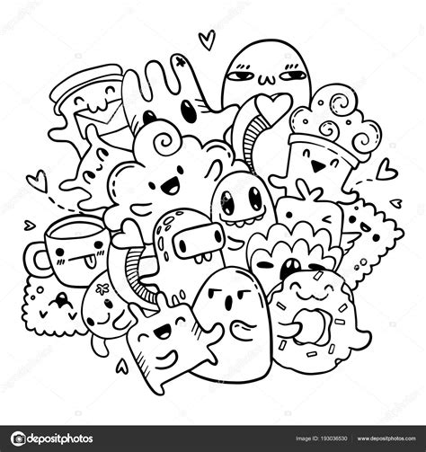 Cute doodles hand drawn pattern. Vector isolated outline set of cartoon ...