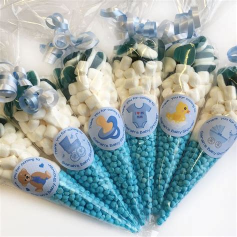 Personalised Blue Baby Shower favours filled sweet cones / party ... Baby Shower Party Bags ...