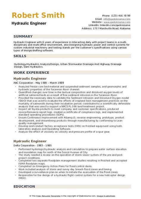 Hydraulic Engineer Resume Samples | QwikResume