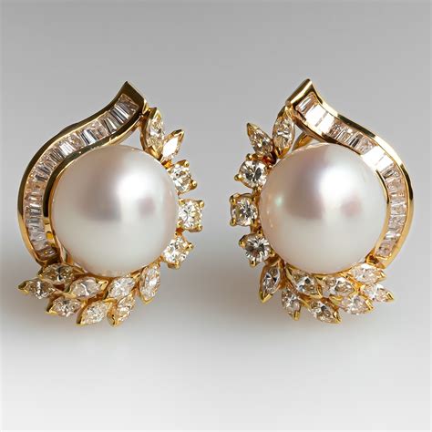 Fine Estate Jewelry Pearl Earrings w/ Diamond Spray 18K Gold