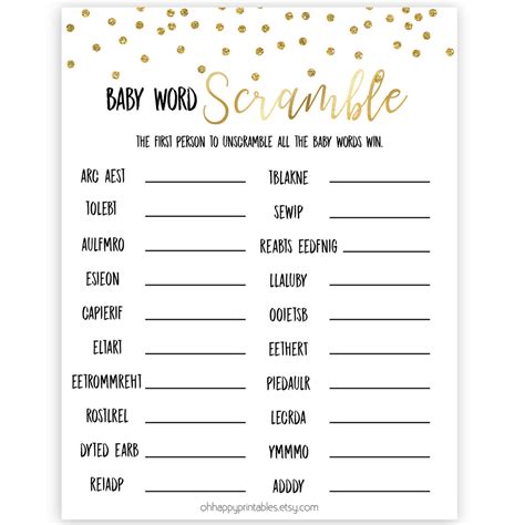 Baby Shower Word Scramble - Gold Confetti | Baby Shower Games ...