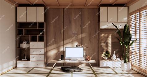 Premium Photo | Living room interior on tatami mat floor computer on low table and pillow3d ...