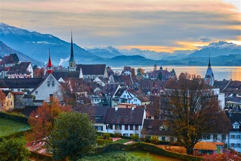 ZUG, SWITZERLAND - November, 2018: View of the Old Town of Zug and Lake ...