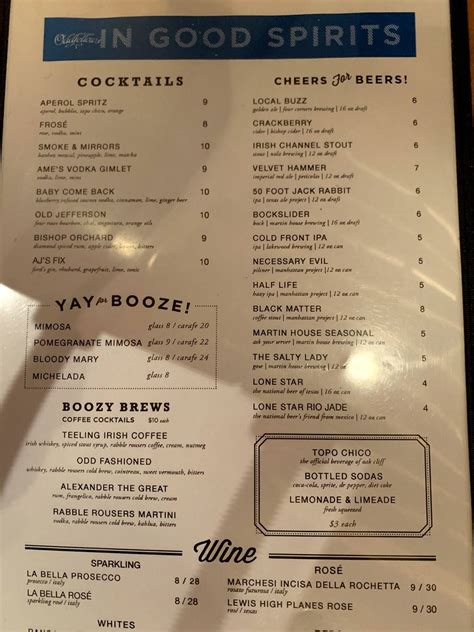 Menu at Oddfellows restaurant, Dallas