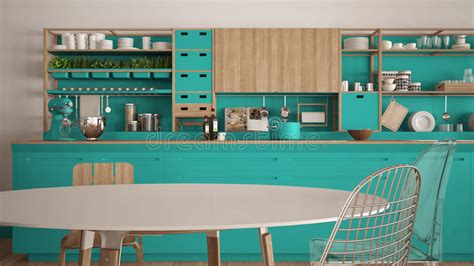 Minimalist White and Turquoise Wooden Kitchen Close-up, Scandinavian Classic Interior Design ...