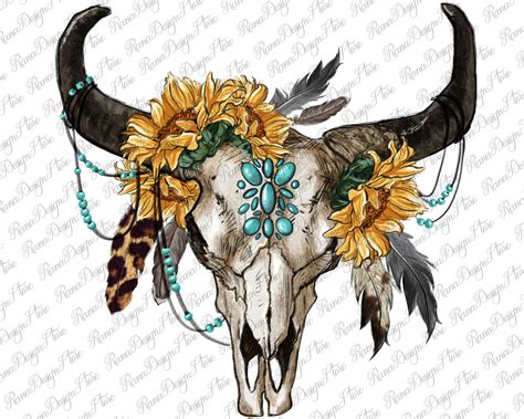 Sunflower Boho Bull Skull PNG Sublimation Design Feather Png - Etsy ...