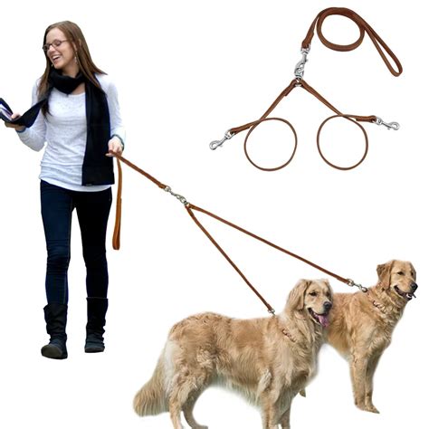 Leather Double Dog Leash Multiple Pet Leading & Double Walking Two Dog Leashes Set for 2 Dogs ...