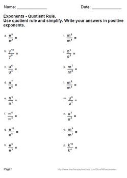 Exponents - Quotient Rule Worksheets by WhooperSwan | TpT