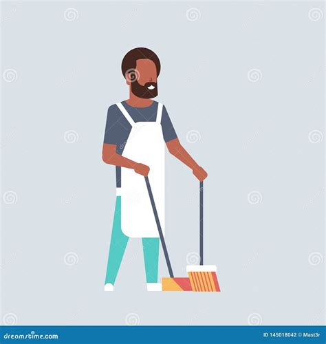 Man Sweeping Floor with Broom and Scoop African American Guy Doing Housework House Cleaning ...