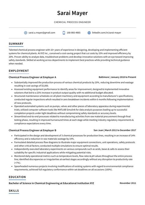 Chemical Process Engineer Resume (CV) Example and Writing Guide