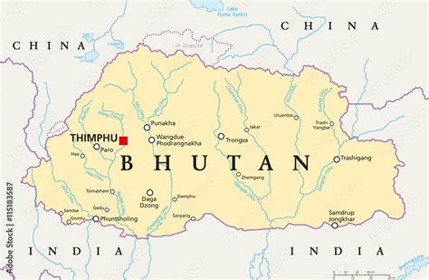 Bhutan political map with capital Thimphu, national borders, important cities, rivers and lakes ...