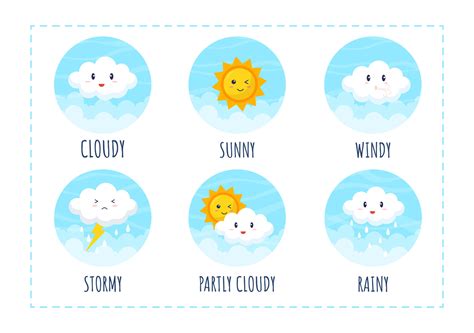 Types of Weather Conditions with Sunny, Cloudy, Windy, Rainy, Snow and ...