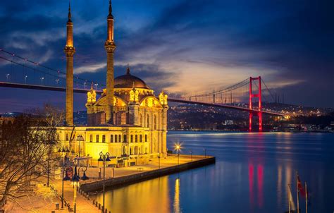 Wallpaper night, bridge, lights, Strait, mosque, Istanbul, Turkey, the minaret images for ...