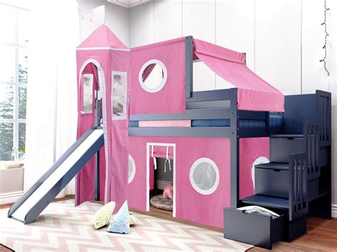 JACKPOT! Princess Low Loft Stairway Bed with Slide Pink & White Tent and Tower Loft Bed Twin ...