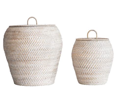 Bruno White Rattan Baskets With Lids, Set of 2 | Storage baskets with ...