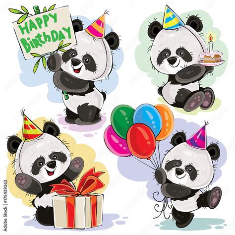 Cute panda bears baby cartoon characters celebrating birthday with cake ...