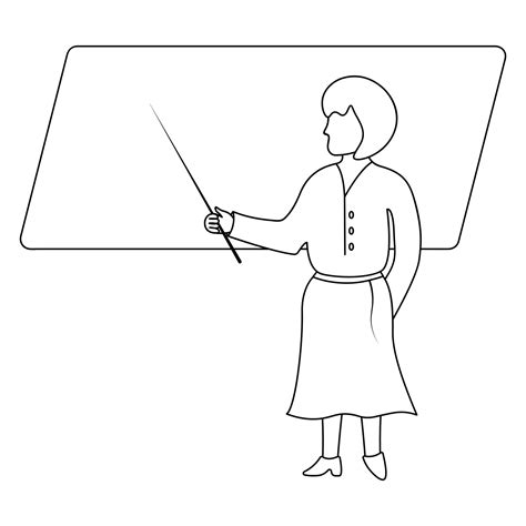 The teacher teaches a lesson at school. Sketch. A woman points to a blackboard with a pointer ...