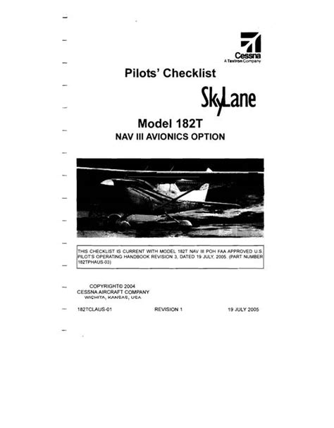 Cessna Skylane Model 182T Nav III Avionics Option Pilot's Checklist 182TCLAUS-01 ...