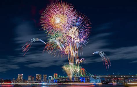 Wallpaper bridge, Japan, Tokyo, Tokyo, Japan, fireworks, night city ...