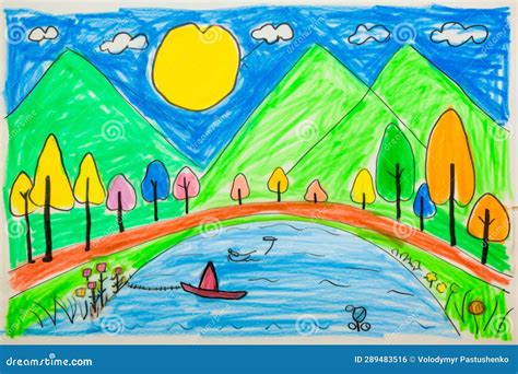 Drawing of Lake with Trees and Mountains in the Background. Generative AI Stock Photo - Image of ...