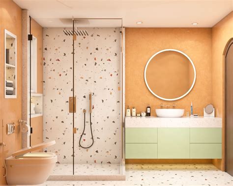 Small Bathroom Design Idea With Peach And White Terrazzo Tiles - 8X5 Ft | Livspace