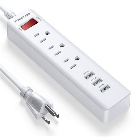 Poweradd 3-Outlet Surge Protector 3 USB Ports Power Strip with 5ft Heavy-Duty Extension Power ...