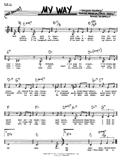 My Way by Paul Anka Sheet Music for Real Book – Melody, Lyrics & Chords ...