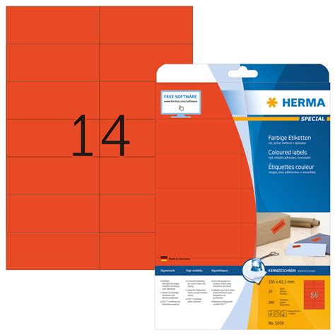 Coloured Labels A4, 105 x 42.3mm, Red, Removable | HERMA Australia